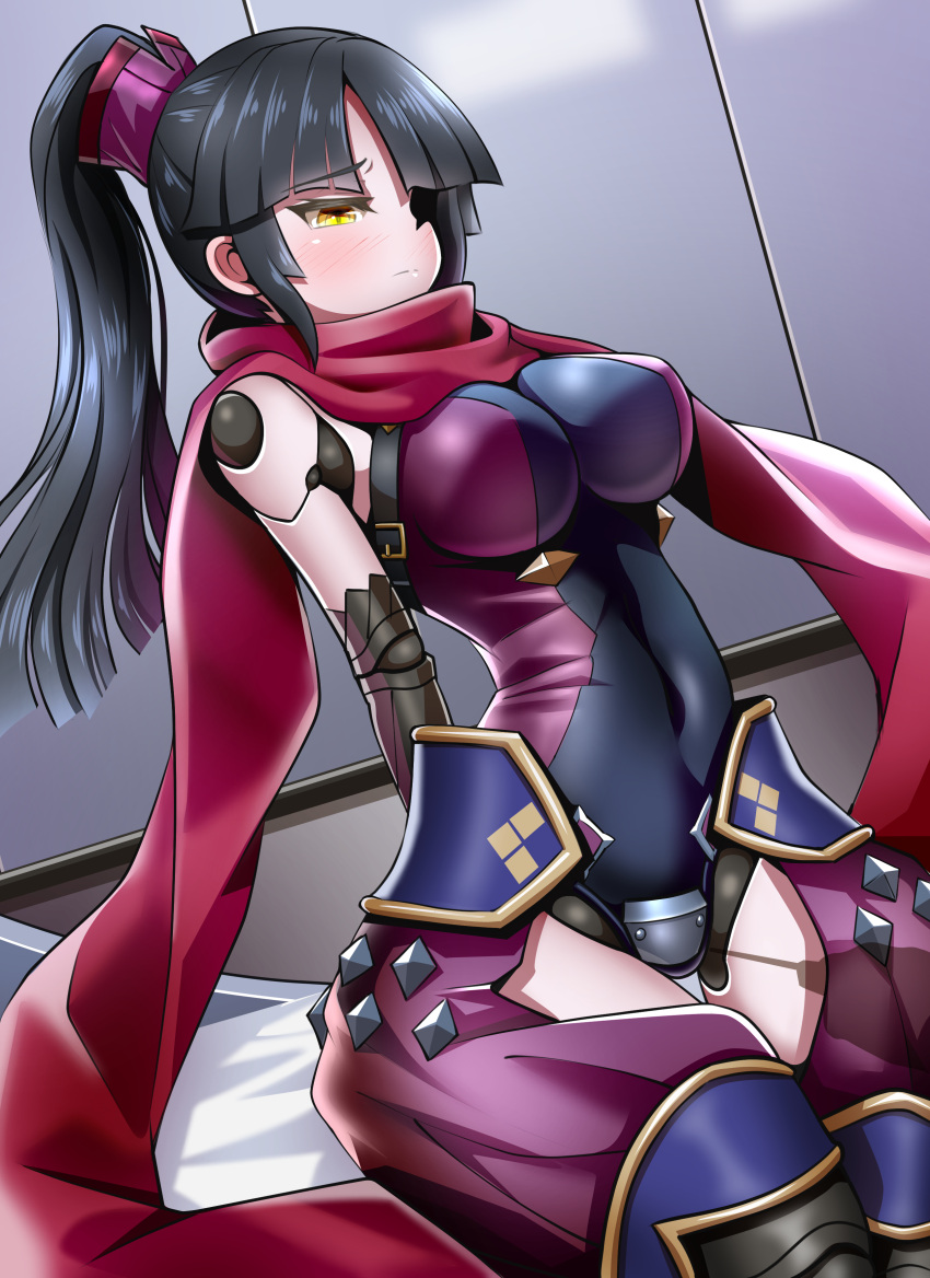1girl absurdres armor bangs black_hair blunt_bangs blush breasts closed_mouth covered_navel eyebrows_visible_through_hair eyepatch fate/grand_order fate_(series) highres indoors japanese_armor japanese_clothes katou_danzou_(fate/grand_order) large_breasts long_hair navel parted_bangs ponytail purple_scarf robot_joints scarf sekai_saisoku_no_panda sidelocks sitting solo straight_hair yellow_eyes