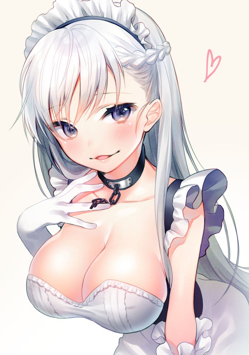 1girl apron azur_lane bangs belfast_(azur_lane) blush breasts chains cleavage collar collarbone eyebrows_visible_through_hair frilled_apron frills gloves grey_background hair_between_eyes half_updo heart highres large_breasts leaning_forward long_hair looking_at_viewer parted_lips shirako_sei silver_hair simple_background smile solo upper_body violet_eyes white_gloves