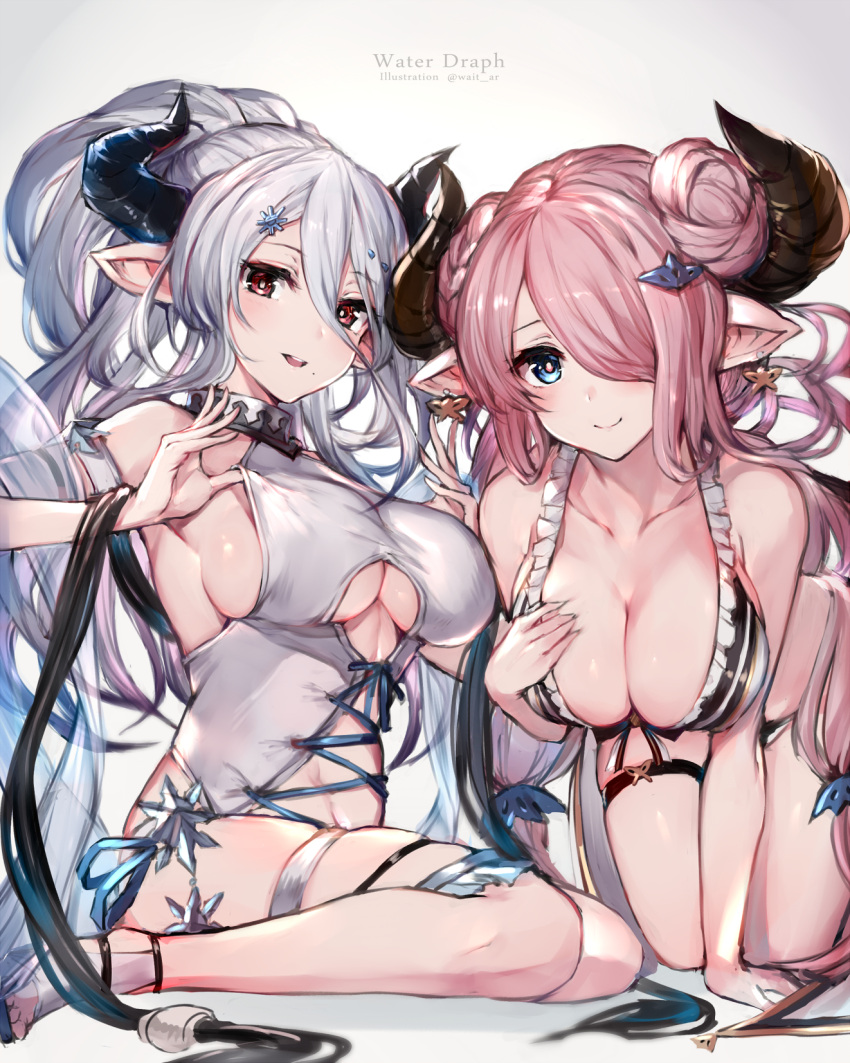2girls adjusting_clothes adjusting_swimsuit bare_shoulders bikini blue_eyes breasts cleavage collarbone commentary_request cross-laced_clothes doraf double_bun granblue_fantasy hair_between_eyes hair_ornament hair_over_one_eye hairclip hand_on_own_chest highres hips horns izmir kneeling large_breasts leaning_forward legs long_hair looking_at_viewer mole mole_under_mouth multiple_girls narumeia_(granblue_fantasy) open_mouth oyu_(sijimisizimi) pink_hair pointy_ears ponytail red_eyes sandals sash sideboob sidelocks silver_hair sitting smile swimsuit thigh_strap thighs under_boob underboob_cutout very_long_hair waist wariza white_bikini white_swimsuit