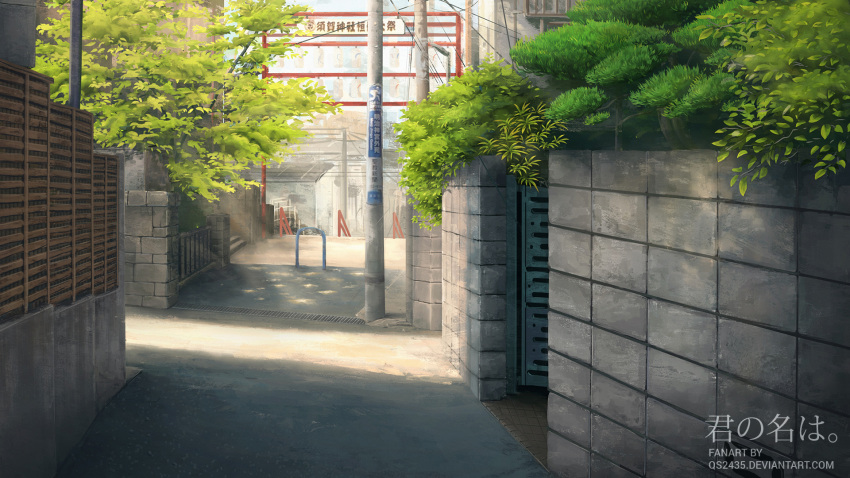 commentary copyright_name dappled_sunlight day deviantart_username fence highres kimi_no_na_wa no_humans outdoors plant power_lines qs2435 railing road stairs stone_wall street sunlight telephone_pole tree wall wooden_fence