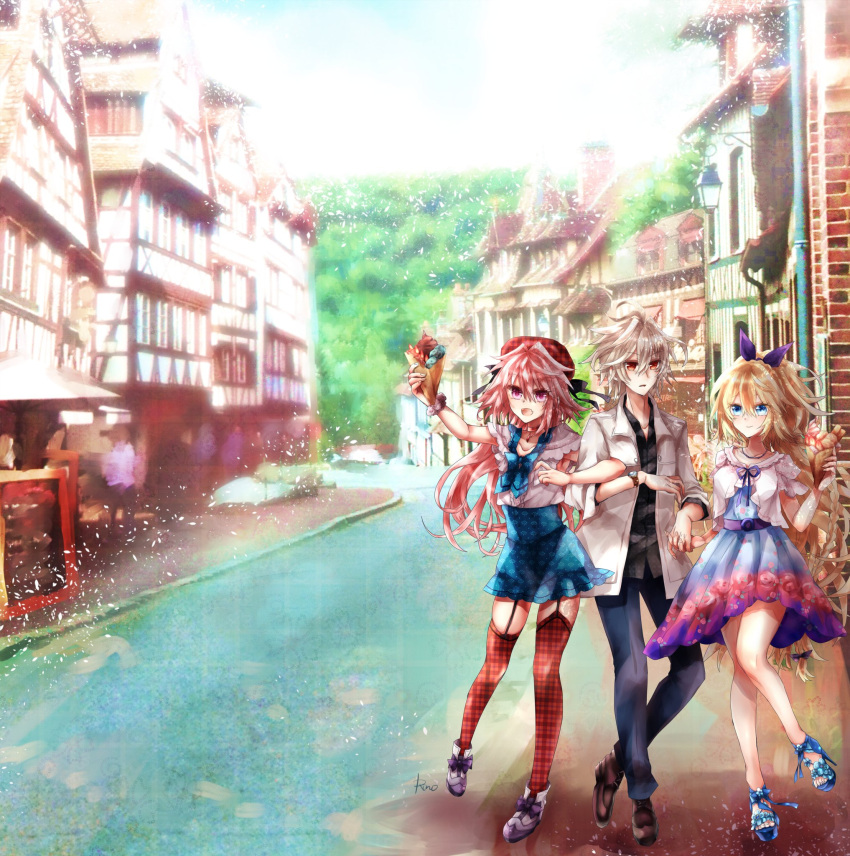 1girl 2boys beret blonde_hair blue_eyes braid brown_hair casual commentary_request dress fang fate/apocrypha fate/grand_order fate_(series) hair_ribbon hand_holding hat highres long_hair looking_at_viewer multiple_boys open_mouth pink_eyes pink_hair red_eyes ribbon rider_of_black rono@7272usa ruler_(fate/apocrypha) sandwiched short_hair sieg_(fate/apocrypha) single_braid smile trap white_hair