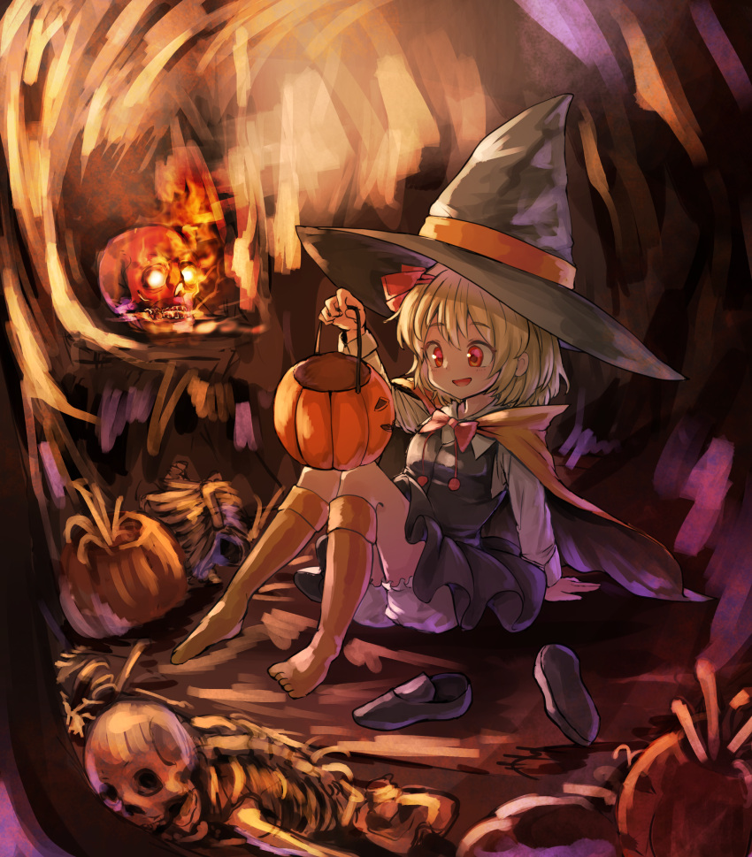 1girl absurdres arm_support bangs basket big_hat black_footwear black_hat black_skirt blonde_hair bloomers bow bowtie brown_legwear cape full_body hair_ribbon halloween halloween_costume hand_up hat highres holding jack-o'-lantern kneehighs knees_together_feet_apart kushidama_minaka leaning_back long_sleeves miniskirt on_ground oversized_clothes red_eyes red_neckwear red_ribbon ribbon rumia shoes shoes_removed short_hair sitting skeleton skirt skirt_set skull smile solo touhou underwear vest witch_hat