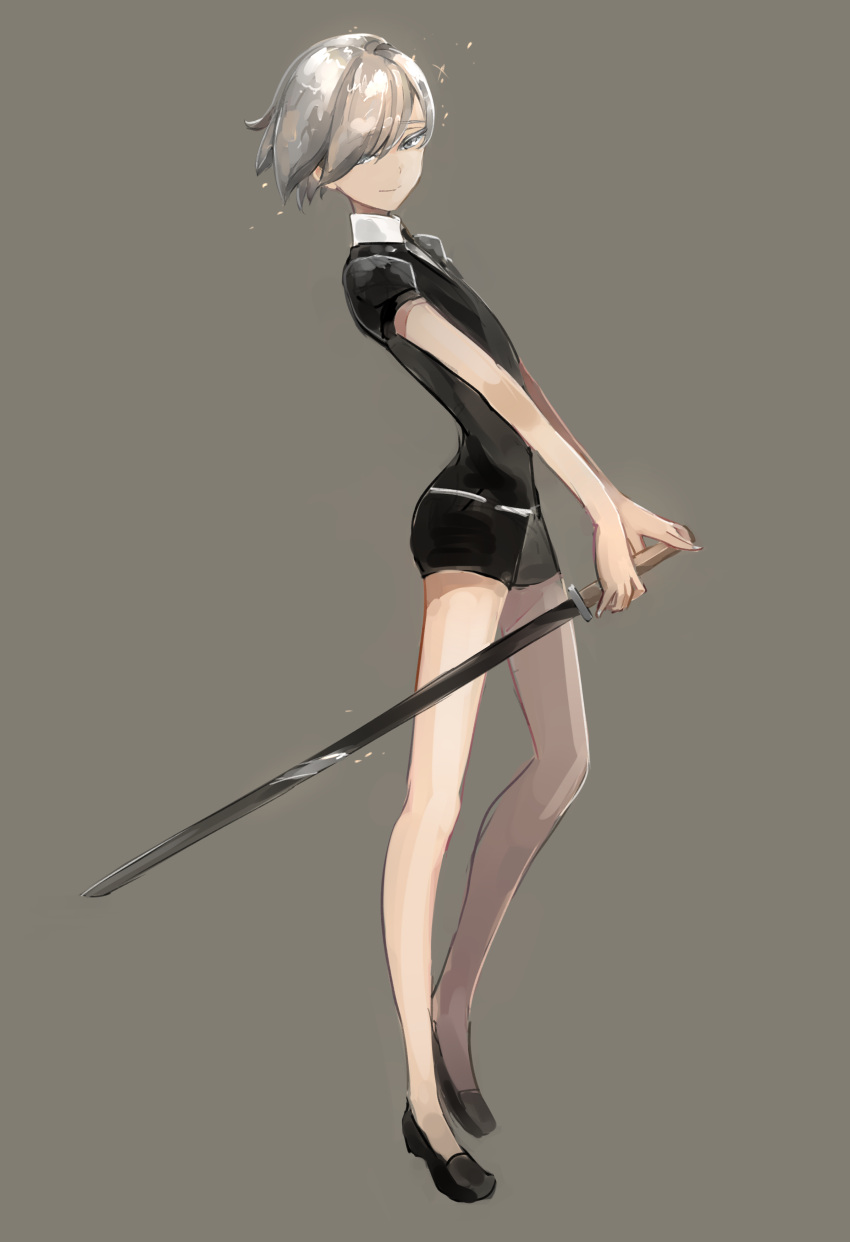 absurdres androgynous arched_back bangs black_footwear black_shirt black_shorts closed_mouth flats from_side full_body goshenite_(houseki_no_kuni) grey_background grey_eyes grey_eyes grey_hair hair_over_one_eye highres holding holding_sword holding_weapon houseki_no_kuni light_smile long_legs looking_at_viewer monsieur shirt short_hair short_sleeves shorts silver_hair simple_background smile solo sword tsurime weapon