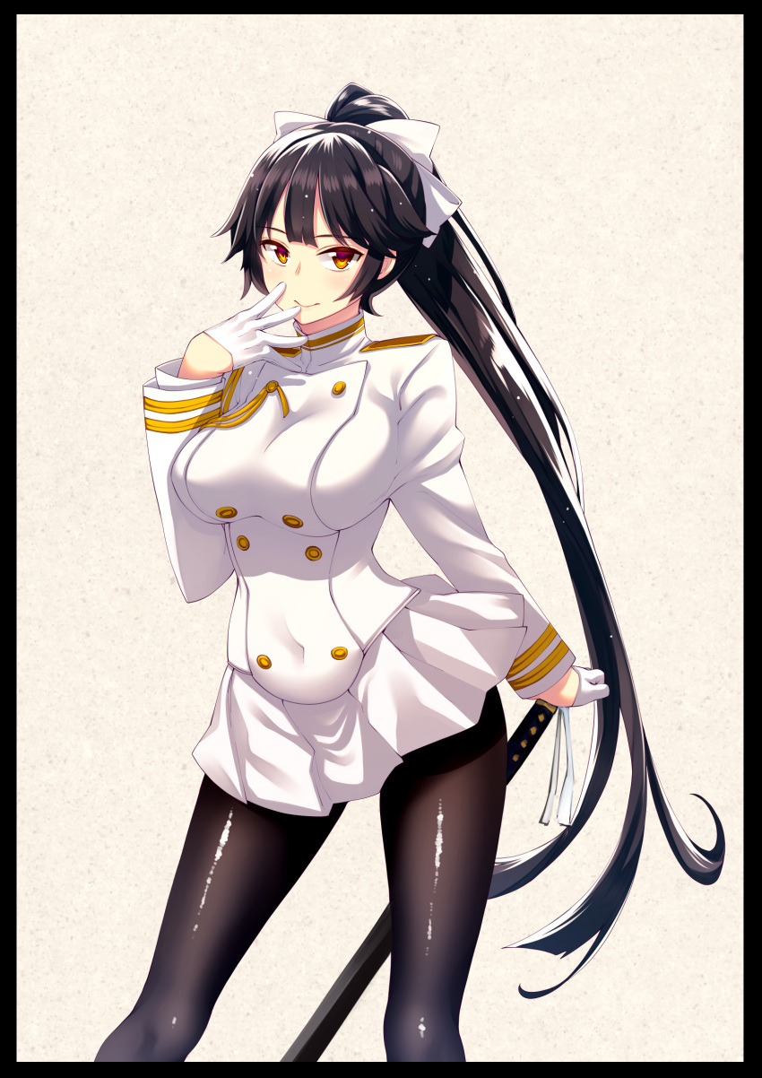 1girl akino_sora azur_lane bangs black_hair black_legwear blush bow breasts brown_eyes closed_mouth contrapposto covered_navel double-breasted eyebrows_visible_through_hair gloves hair_bow half_gloves highres katana large_breasts legs_apart letterboxed long_hair long_sleeves looking_at_viewer pantyhose pleated_skirt ponytail sheath sheathed sidelocks skirt smile solo standing sword takao_(azur_lane) thighband_pantyhose very_long_hair weapon white_bow white_gloves white_skirt