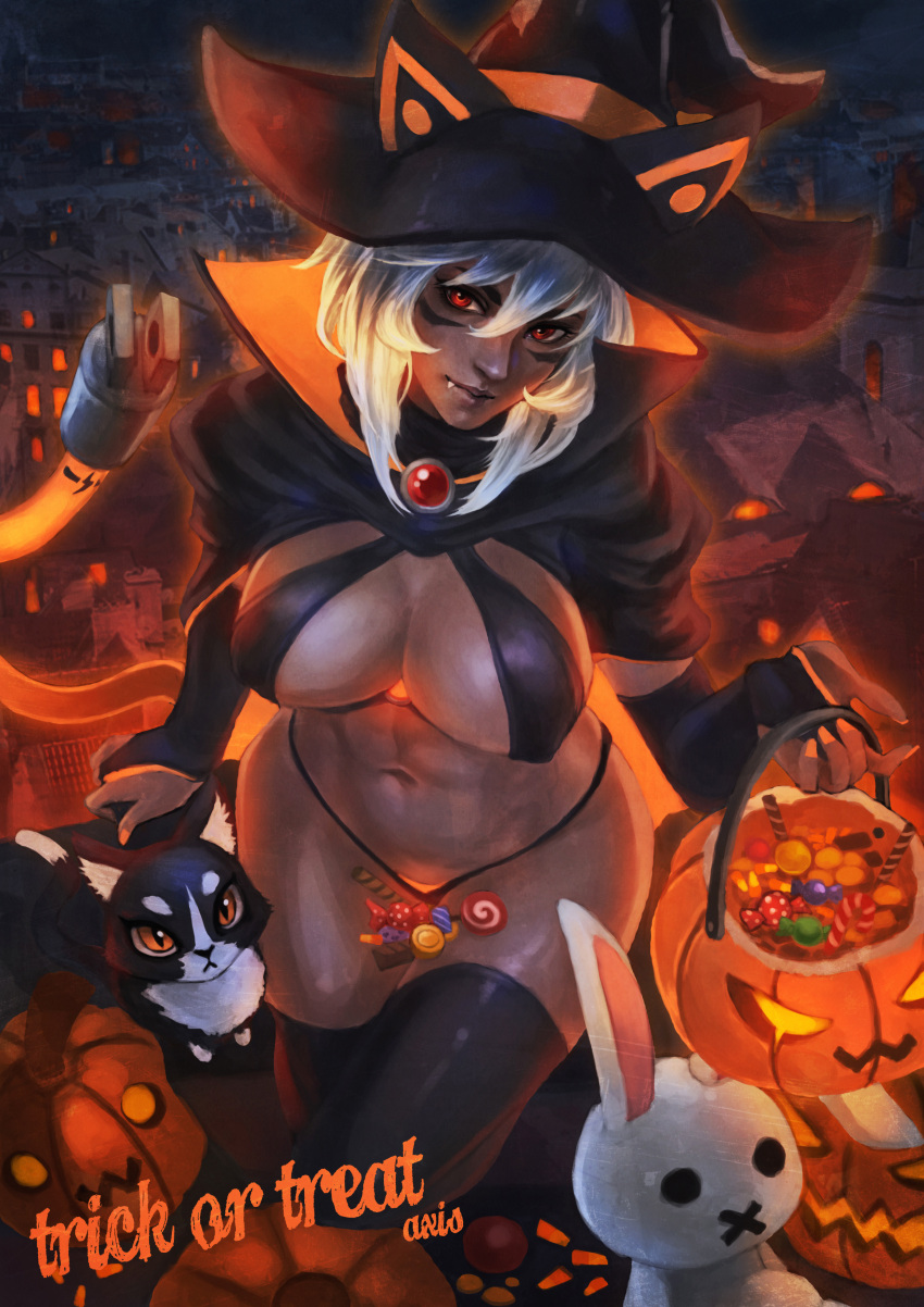 1girl absurdres animal_hat axis_(mgl139) black_cat black_gloves black_legwear boots borrowed_character breasts candy cat cat_hat cloak dark_skin elbow_gloves electric_plug fang food gloves halloween hat head_tilt high_collar highres jack-o'-lantern large_breasts lips looking_at_viewer monori_rogue original red_eyes silver_hair slingshot_swimsuit swimsuit tail thigh-highs thigh_boots witch witch_hat