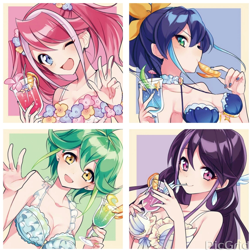 4girls ;d bikini_top blue_eyes blue_hair drinking_straw earrings flower frilled_bikini_top green_eyes green_hair hiiragi_yuzu holding_glass jewelry kurosaki_ruri long_hair looking_at_viewer miyukiyo multicolored_hair multiple_girls one_eye_closed open_mouth pink_eyes pink_hair ponytail purple_hair rin_(yuu-gi-ou_arc-v) serena_(yuu-gi-ou_arc-v) short_hair smile streaked_hair upper_body yellow_eyes yu-gi-oh! yuu-gi-ou_arc-v