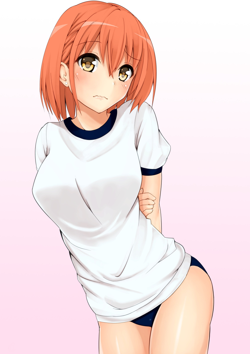 1girl absurdres airi_(satosi) arms_behind_back blush breasts buruma closed_mouth earrings gym_uniform highres jewelry large_breasts leaning_forward looking_at_viewer orange_hair original puffy_short_sleeves puffy_sleeves satosi short_hair short_sleeves solo stud_earrings wavy_mouth yellow_eyes