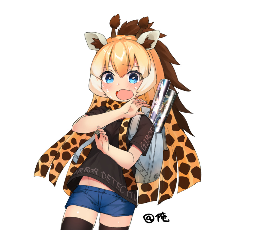 1girl alternate_costume backpack bag black_legwear black_shirt blonde_hair blue_eyes blush brown_hair choir_(artist) clothes_writing commentary_request contemporary cowboy_shot eyebrows_visible_through_hair giraffe_ears giraffe_horns kemono_friends long_hair looking_at_viewer multicolored_hair open_mouth poster_(object) print_scarf reticulated_giraffe_(kemono_friends) scarf shirt short_shorts shorts simple_background solo surprised sweat sweating_profusely t-shirt thigh-highs white_background