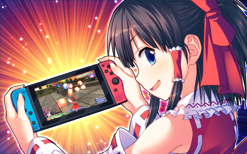 1girl :d artist_request bare_shoulders black_hair blue_eyes bow detached_sleeves female game_console hair_bow hair_tubes hakurei_reimu highres holding looking_at_viewer looking_back meta nintendo nintendo_switch open_mouth profile red_bow screencap sidelocks smile solo touhou upper_body vest