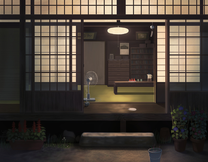 book bookshelf bucket ceiling_light commentary_request door doora_(dora0913) electric_fan grass kotatsu night no_humans original plant pot potted_plant room scenery shouji sliding_doors table tatami veranda