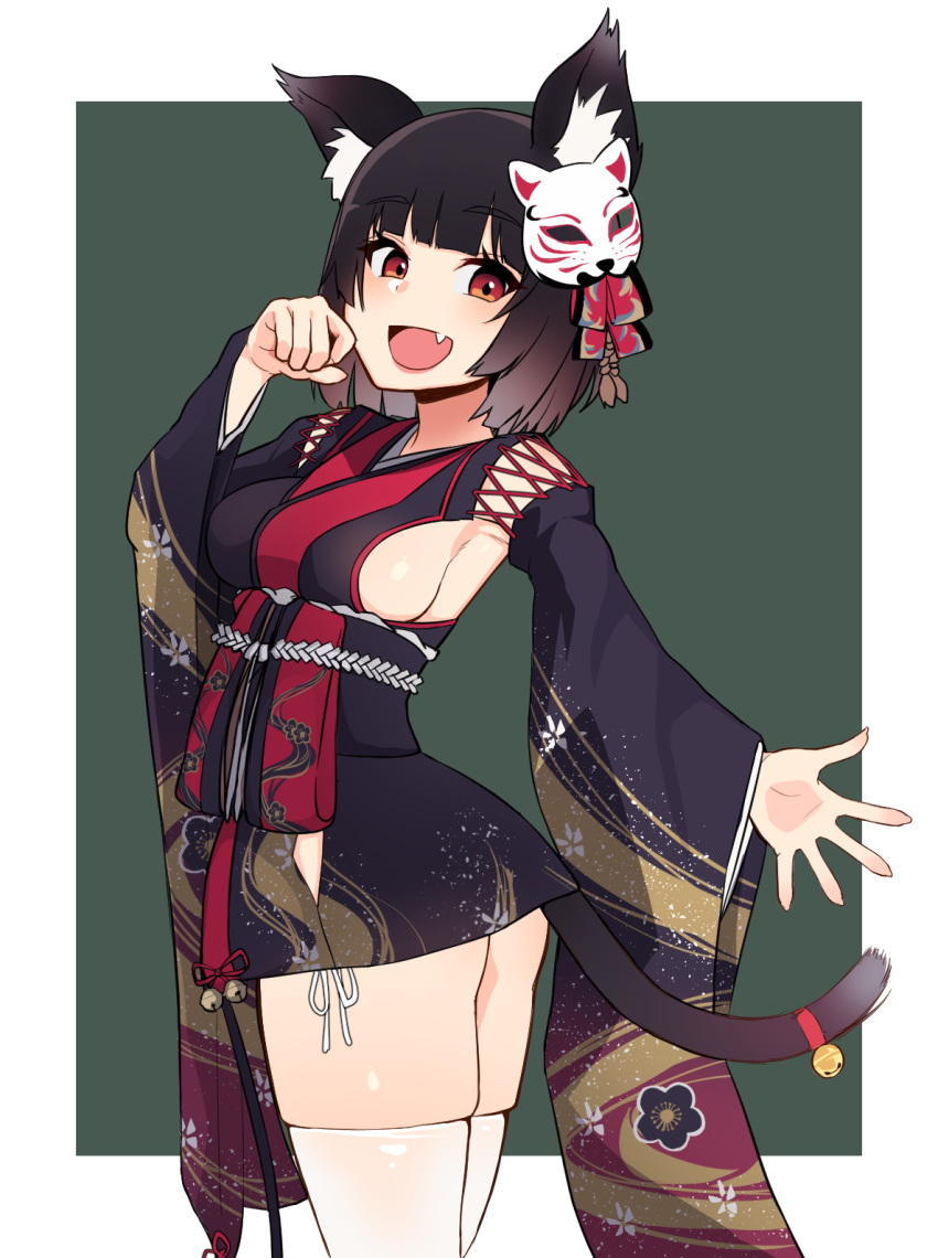 1girl :d animal_ears azur_lane bangs bell black_kimono blunt_bangs blush border breasts cat_ears cat_tail fang floral_print green_background hand_up highres japanese_clothes jingle_bell kimono long_sleeves looking_at_viewer mask mask_on_head medium_breasts nezuko open_mouth red_eyes ribbon sash short_hair short_kimono sideboob simple_background skindentation smile solo spread_fingers standing tail tail_bell thigh-highs thighs twisted_torso white_border white_legwear white_ribbon wide_sleeves yamashiro_(azur_lane) zettai_ryouiki