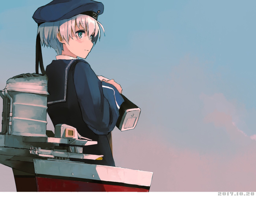 1girl air_kon black_dress black_hat blonde_hair blue_eyes dated dress eyebrows_visible_through_hair hat kantai_collection long_sleeves machinery sailor_dress sailor_hat short_hair smile solo z1_leberecht_maass_(kantai_collection)