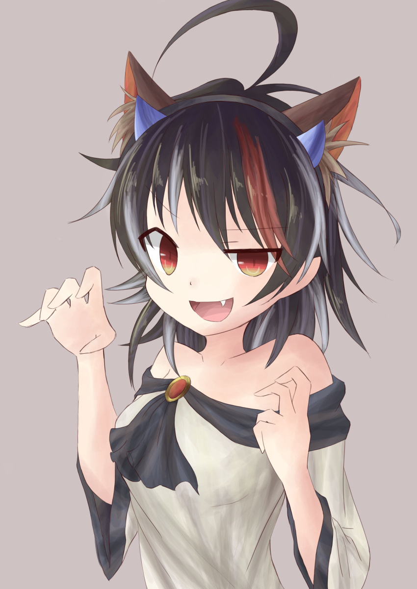 1girl absurdres ahoge akiteru98 animal_ears bare_shoulders black_hair brooch claw_pose cosplay dress fang highres imaizumi_kagerou imaizumi_kagerou_(cosplay) jewelry kijin_seija looking_at_viewer multicolored_hair off-shoulder_dress off_shoulder open_mouth red_eyes redhead streaked_hair touhou white_hair