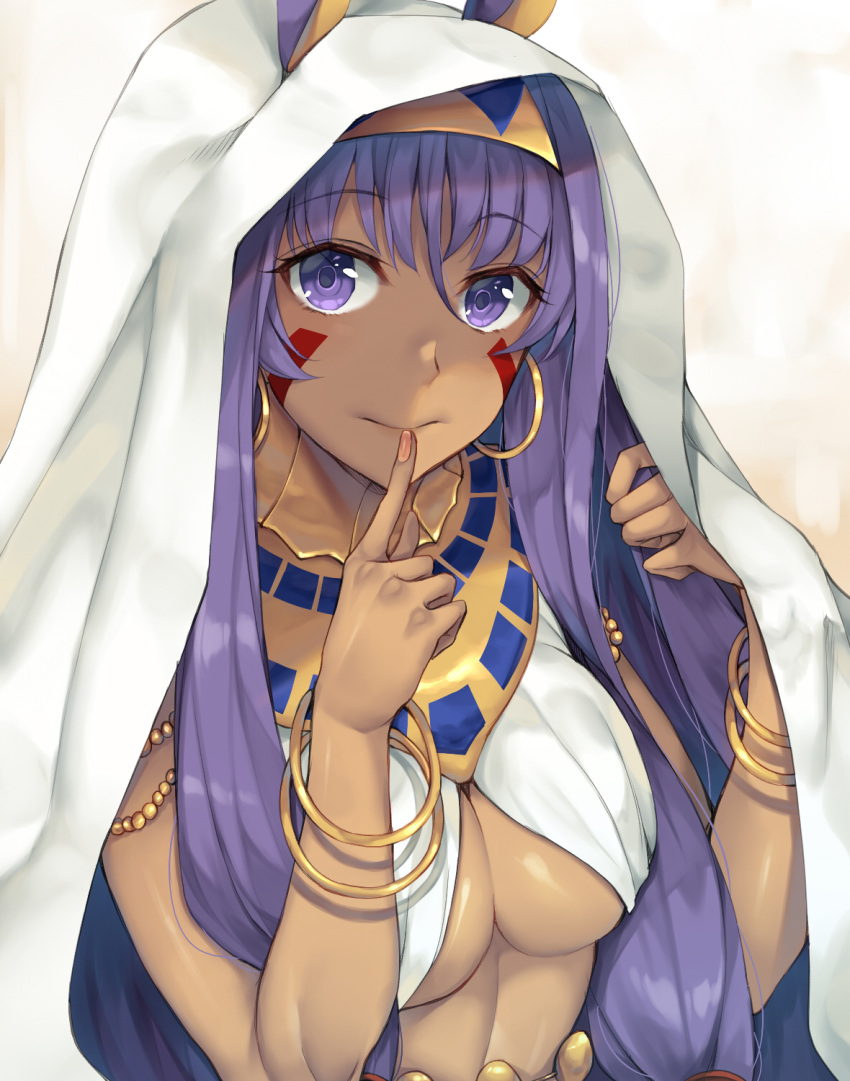 1girl animal_ears bangle bangs bare_arms bracelet breasts closed_mouth commentary_request dark_skin earrings egyptian_clothes eyebrows_visible_through_hair facepaint fate/grand_order fate_(series) finger_to_mouth fingernails hairband highres hoop_earrings index_finger_raised jewelry long_hair looking_at_viewer medium_breasts neck_ring nitocris_(fate/grand_order) purple_hair rabbit_ears rinarisa smile solo two-tone_hairband under_boob under_covers upper_body very_long_hair violet_eyes