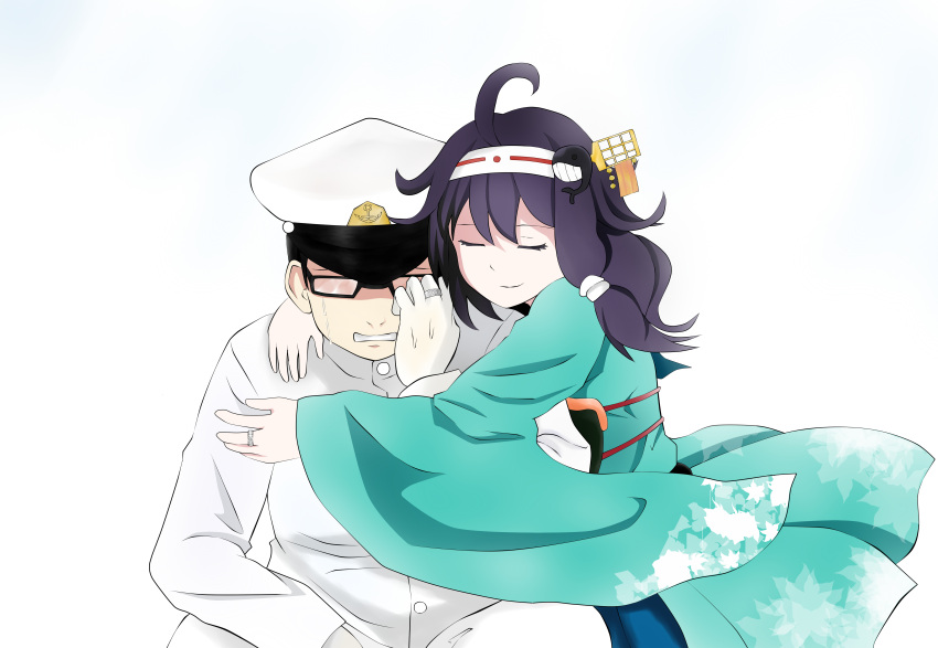 1boy 1girl absurdres admiral_(kantai_collection) ahoge commentary_request crying glasses gloves hair_ornament hat highres jewelry kantai_collection peaked_cap purple_hair ring rukialice ryuuhou_(kantai_collection) taigei_(kantai_collection) whale_hair_ornament white_gloves