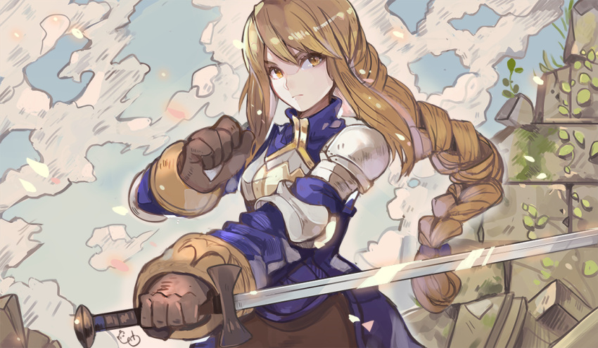 1girl agrias_oaks alpaca_carlesi armor blonde_hair braid breastplate brown_gloves commission fighting_stance final_fantasy final_fantasy_tactics gloves long_hair pauldrons reverse_grip single_braid solo sword weapon