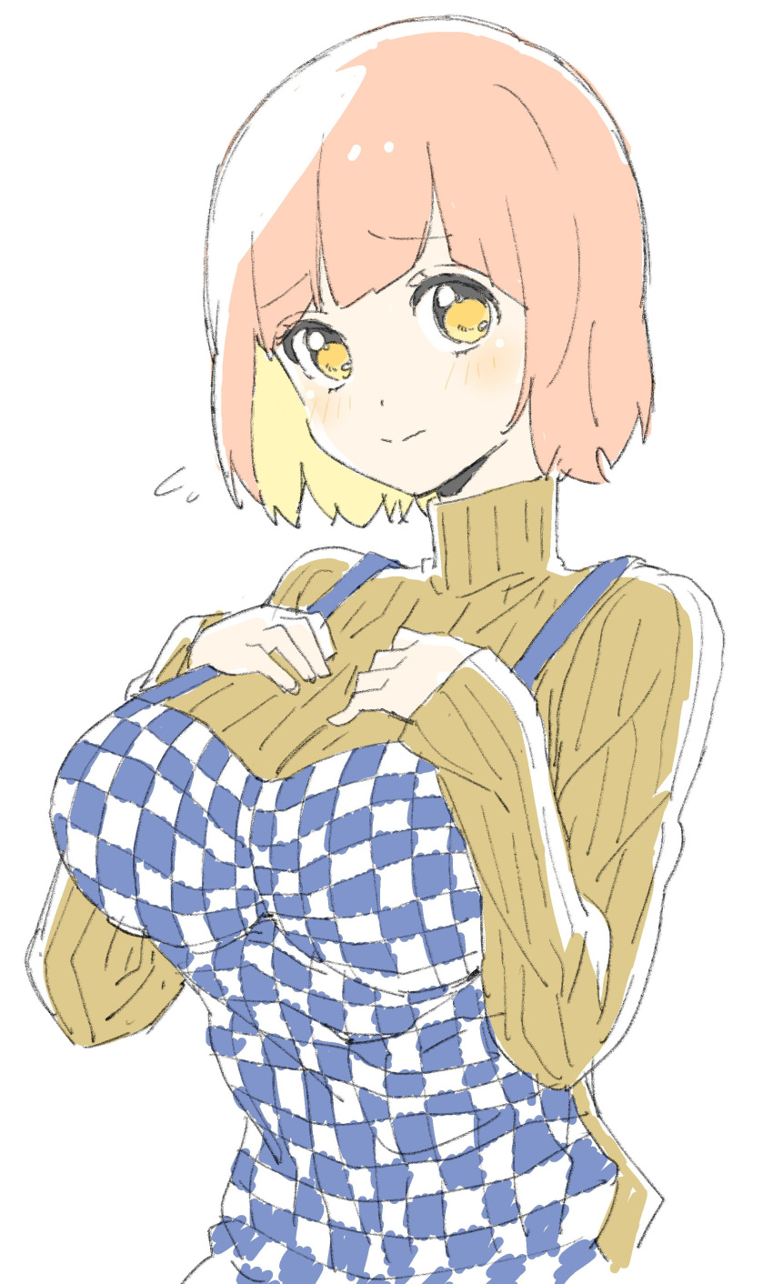 1girl absurdres apron bangs blunt_bangs blush breast_suppress breasts checkered_apron closed_mouth donguri_suzume eyebrows_visible_through_hair flying_sweatdrops highres large_breasts long_sleeves looking_at_viewer orange_eyes orange_sweater pink_hair ribbed_sweater short_hair simple_background solo standing sweater turtleneck turtleneck_sweater upper_body white_background