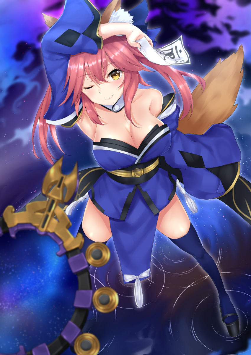 1girl absurdres animal_ears blue_legwear blush breasts cleavage closed_mouth detached_sleeves eyebrows_visible_through_hair fate/grand_order fate_(series) fox_ears fox_tail highres large_breasts long_hair looking_at_viewer one_eye_closed phano_(125042) pink_hair smile solo tail tamamo_(fate)_(all) tamamo_no_mae_(fate) thigh-highs yellow_eyes