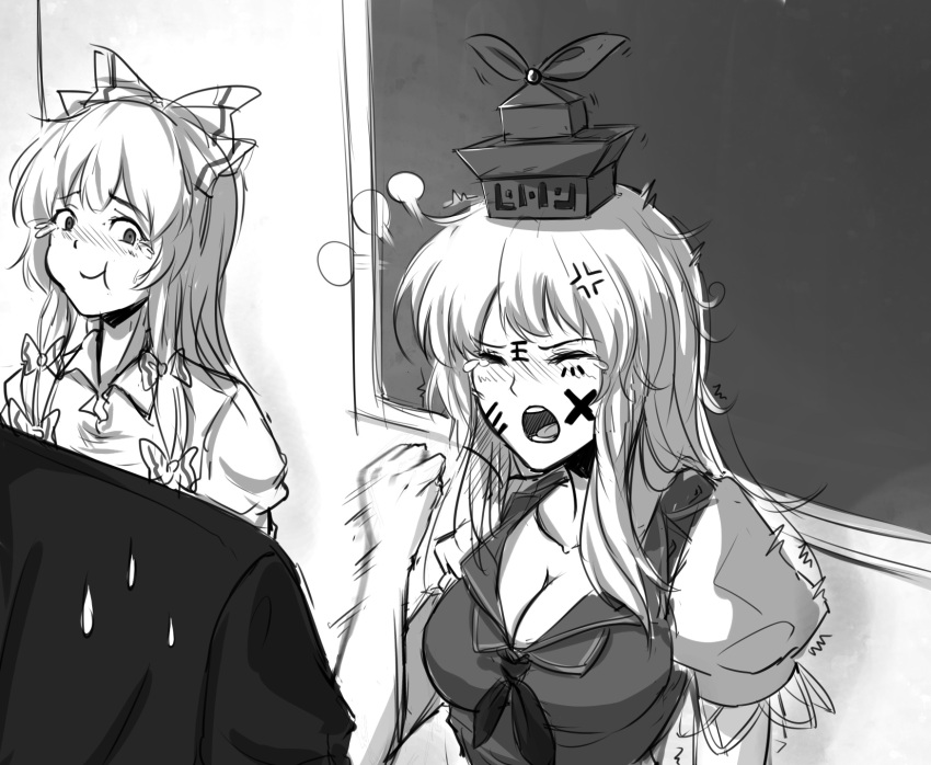 1boy 2girls anger_vein bow breasts chalkboard cleavage clenched_hand closed_eyes collarbone crying fujiwara_no_mokou greyscale hair_bow hat highres kamishirasawa_keine koissa long_hair looking_at_another monochrome multiple_girls open_mouth puffy_short_sleeves puffy_sleeves short_sleeves tears touhou