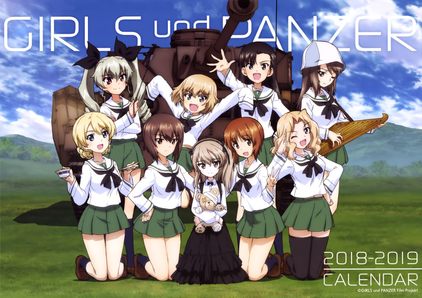 6+girls absurdres alternate_costume anchovy arm_around_back asymmetrical_bangs bandage bangs black_eyes black_hair black_legwear black_neckwear black_ribbon black_skirt blonde_hair blouse blue_eyes blue_hat boko_(girls_und_panzer) bow bowtie braid brown_eyes brown_footwear brown_hair calendar closed_mouth clouds cloudy_sky collared_shirt copyright_name cover cup darjeeling day drill_hair english eyebrows_visible_through_hair girls_und_panzer grass green_hair green_skirt ground_vehicle hair_ribbon hand_on_hip hat high-waist_skirt highres holding holding_instrument holding_stuffed_animal instrument jumping kantele katyusha kay_(girls_und_panzer) kneeling layered_skirt leaning_forward legs_crossed light_brown_hair light_smile loafers long_hair long_sleeves looking_at_viewer midriff mika_(girls_und_panzer) military military_vehicle miniskirt motor_vehicle mountain multiple_girls navel neckerchief nishi_kinuyo nishizumi_maho nishizumi_miho official_art one_eye_closed ooarai_school_uniform open_mouth outdoors oversized_clothes panzerkampfwagen_iv pleated_skirt pose reaching red_eyes ribbon riding_crop salute saucer school_uniform serafuku shimada_arisu shirt shoes short_hair siblings side_ponytail sisters skirt sky sleeves_past_wrists smile socks standing stuffed_animal stuffed_toy tank teacup thigh-highs tied_hair trait_connection twin_braids twin_drills twintails v white_blouse white_shirt zettai_ryouiki