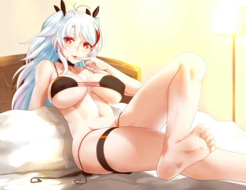 1girl absurdres azur_lane bare_arms bare_legs bare_shoulders barefoot bikini black_bikini breasts choker feet finger_to_mouth halter_top halterneck highres indoors lamp large_breasts legs_crossed long_hair looking_at_viewer minarai_tenna navel on_bed pillow prinz_eugen_(azur_lane) reclining red_eyes silver_hair soles solo swimsuit thigh_strap toes under_boob untied untied_bikini