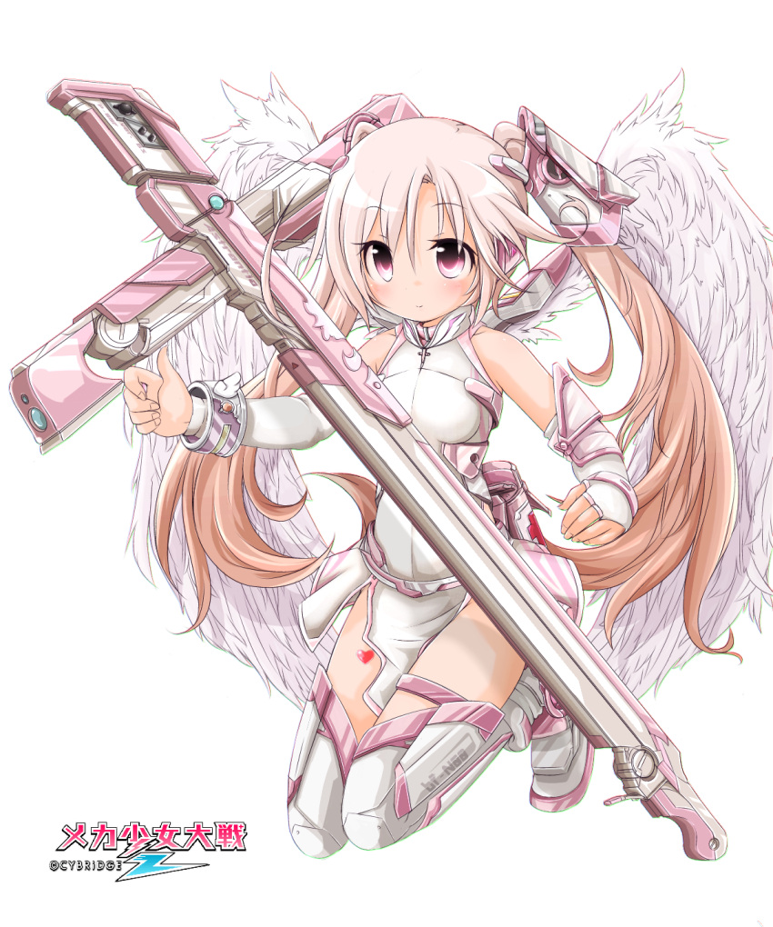 1girl akino_coto blush brown_hair highres long_hair mecha_shoujo_taisen_z pink_eyes simple_background solo twintails white_background white_wings wings