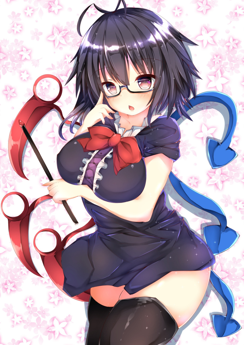1girl :o adjusting_hair asymmetrical_wings bare_arms bespectacled black-framed_eyewear black_dress black_hair black_legwear bow bowtie breast_hold breasts commentary_request dress glasses highres holding houjuu_nue large_breasts looking_at_viewer mutou_(94753939) pointer red_eyes red_neckwear shiny shiny_hair short_dress short_sleeves solo thigh-highs touhou wings