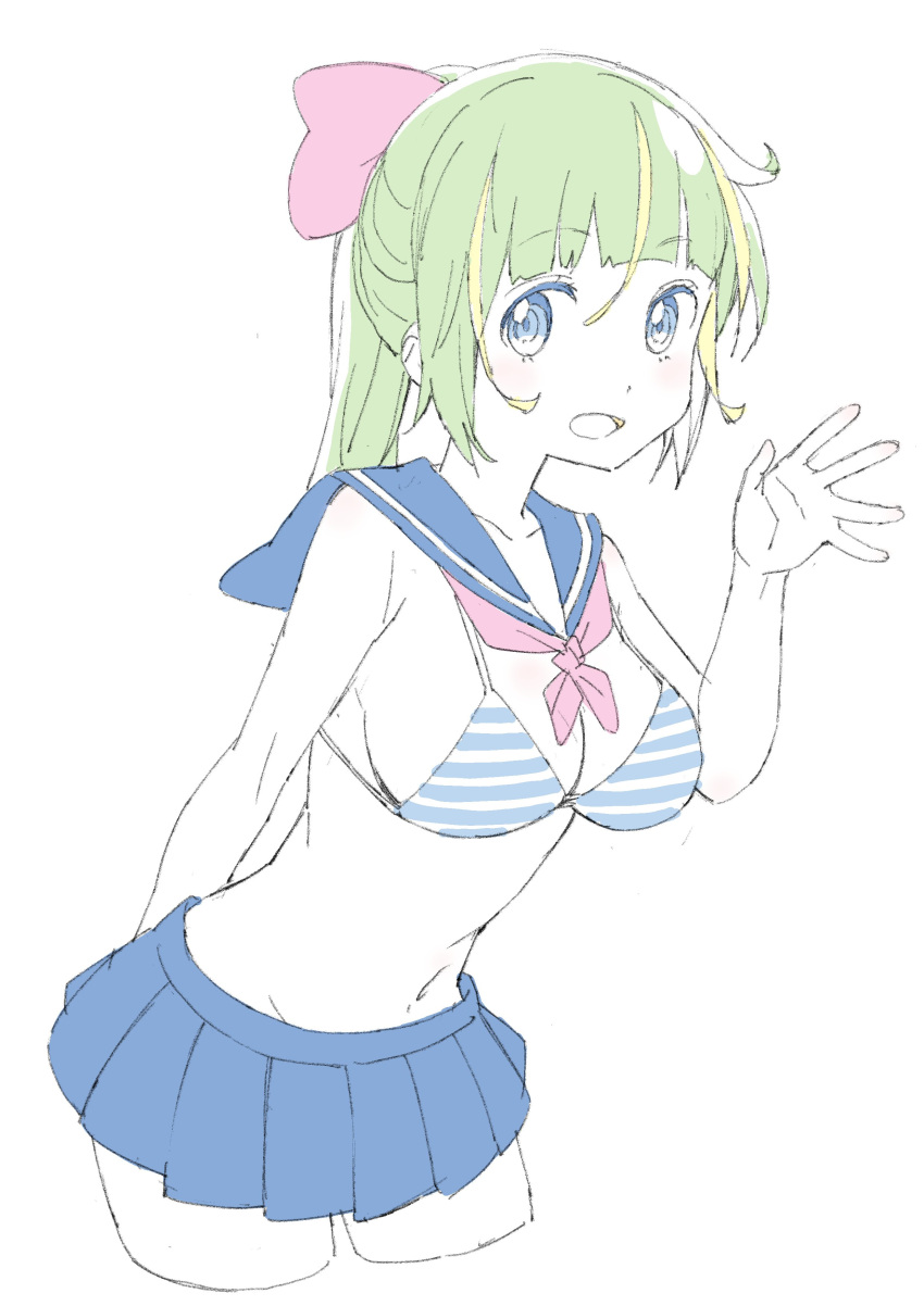 1girl :d absurdres bangs bare_arms bare_shoulders bikini blue_bikini blue_eyes blue_sailor_collar blue_skirt blunt_bangs blush bow breasts cleavage cowboy_shot cropped_legs donguri_suzume eyebrows_visible_through_hair green_hair hair_between_eyes hair_bow hand_up highres leaning_forward long_hair medium_breasts multicolored_hair navel neckerchief open_mouth pink_bow pleated_skirt red_neckwear sailor_collar simple_background skirt smile solo standing streaked_hair striped striped_bikini swimsuit waving white_background