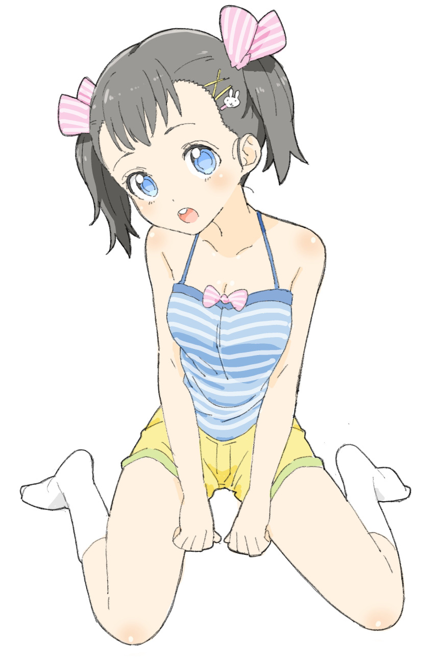 1girl :o absurdres bangs bare_shoulders black_hair blue_camisole blue_eyes blush breast_squeeze breasts bunny_hair_ornament camisole cleavage collarbone donguri_suzume full_body hair_ornament hair_ribbon hairclip halter_top halterneck highres looking_at_viewer medium_breasts no_shoes open_mouth original pink_ribbon ribbon short_twintails shorts simple_background sitting socks solo striped striped_camisole striped_ribbon twintails upper_teeth v_arms wariza white_background white_legwear x_hair_ornament yellow_shorts