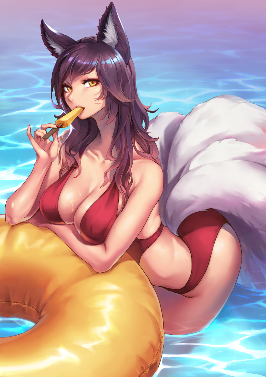 1girl :3 absurdres ahri animal_ears bare_arms bare_legs bare_shoulders bikini breasts cleavage collarbone cowboy_shot day dripping eating eyelashes facial_mark fingernails food half-closed_eyes hand_up highres ice_cream innertube large_breasts league_of_legends leaning_forward long_fingernails long_hair looking_at_viewer multiple_tails nail_polish nose oopartz_yang outdoors partially_submerged pink_lips popsicle red_bikini red_nails solo swimsuit tail upper_teeth water yellow_eyes