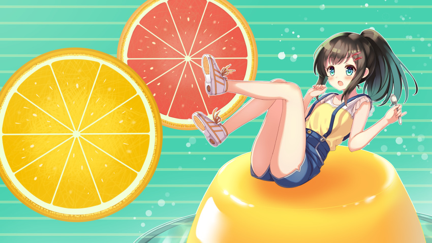 1girl :o bangs bare_arms bare_legs black_hair blue_eyes blue_skirt blush commentary_request eyebrows_visible_through_hair food frilled_sleeves frills fruit full_body gradient_hair grapefruit_slice green_background green_hair hair_ornament hairclip holding holding_spoon legs legs_up lemon lemon_slice long_hair looking_at_viewer minigirl multicolored_hair no_socks open_mouth original ponytail pudding see-through shirt shoes short_sleeves sidelocks skirt sneakers solo striped striped_background suspender_skirt suspenders tareme white_footwear yatsuki_yura yellow_shirt