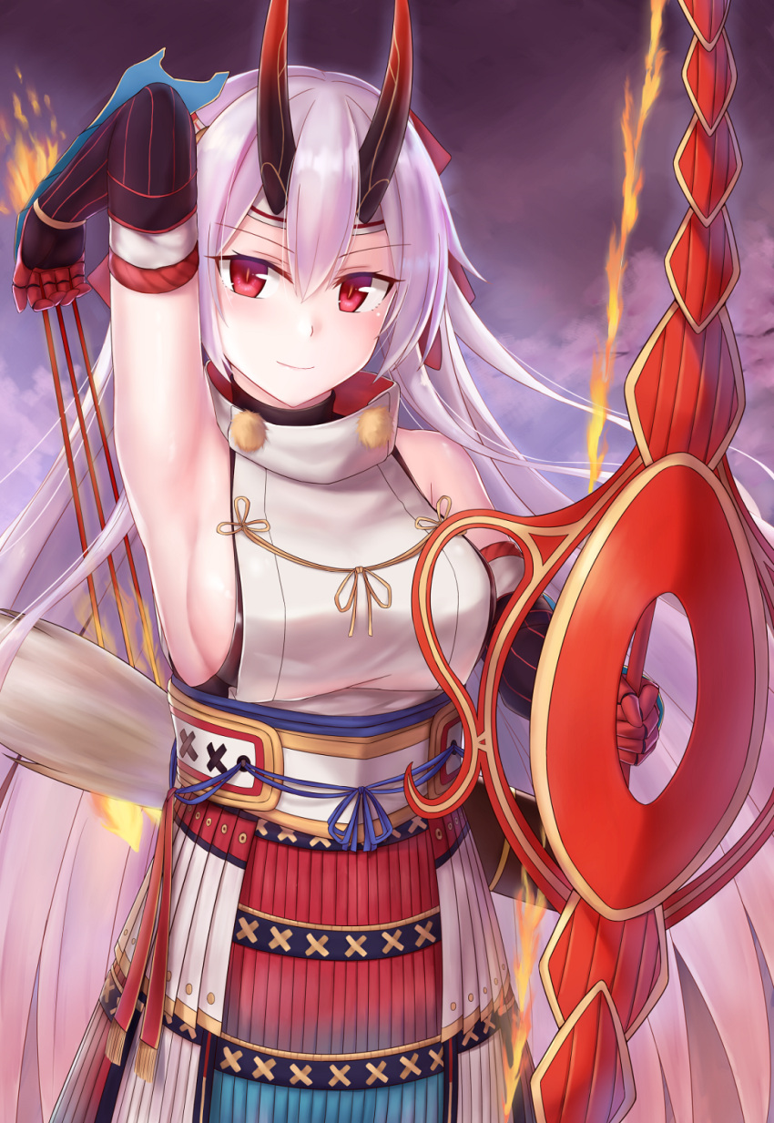 &gt;:) 1girl arm_guards arm_up armor armpits bare_shoulders behind_back between_fingers blush bow_(weapon) breasts cai_geng closed_mouth cowboy_shot elbow_gloves fate/grand_order fate_(series) flaming_weapon foreshortening gloves hair_between_eyes headband highres holding holding_arrow holding_bow_(weapon) holding_weapon japanese_armor long_hair looking_at_viewer medium_breasts oni_horns red_eyes sideboob silver_hair sleeveless slit_pupils smile solo standing striped striped_gloves tomoe_gozen_(fate/grand_order) very_long_hair weapon
