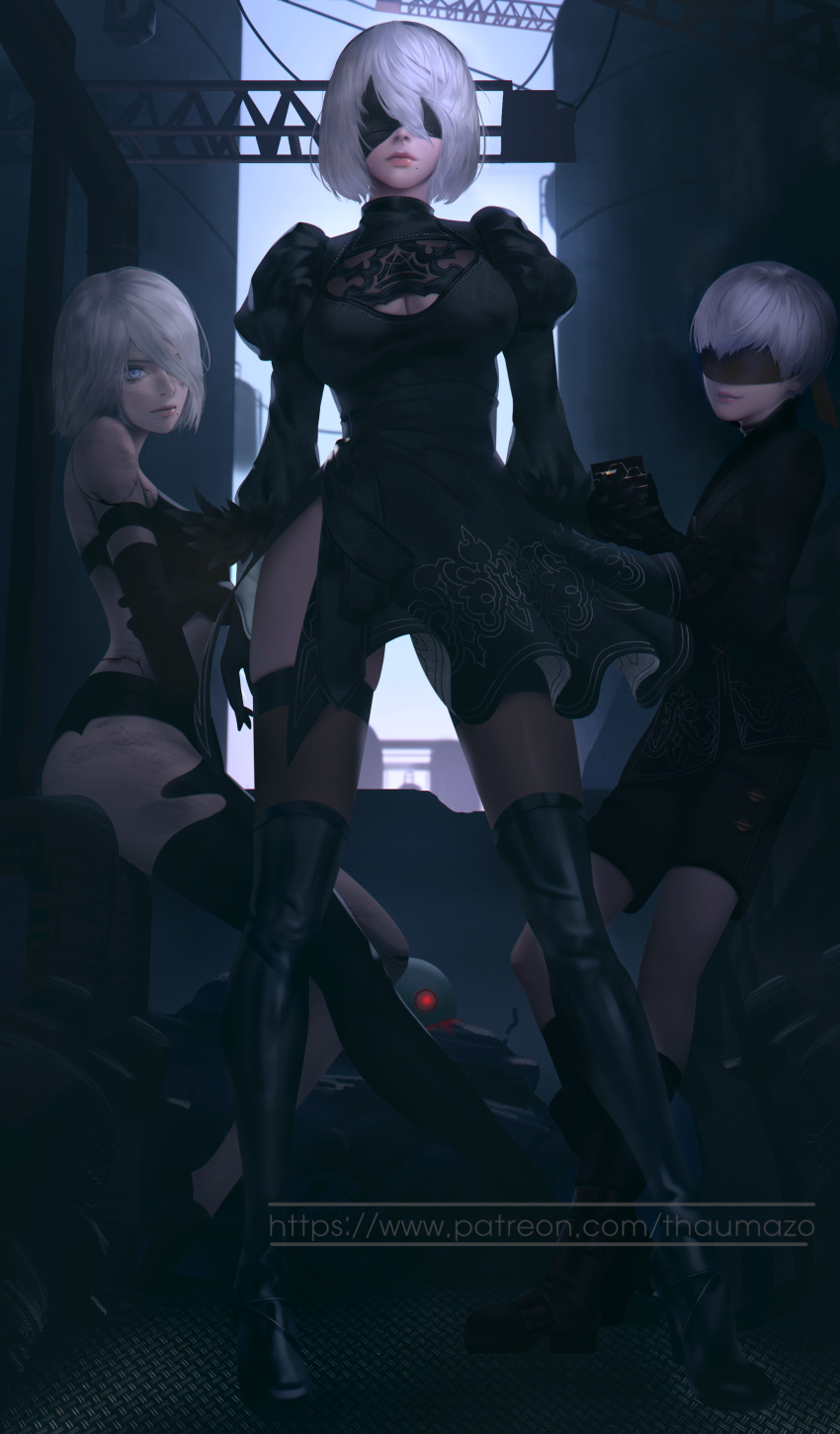 1boy 2girls absurdres black_clothes black_dress black_legwear blindfold blue_eyes breasts cleavage cleavage_cutout dirty dress elbow_gloves feather-trimmed_sleeves gloves hair_over_one_eye highres looking_at_viewer mole mole_under_mouth multiple_girls nier_(series) nier_automata puffy_sleeves silver_hair sitting smile standing thaumazo thigh-highs yorha_no._2_type_b yorha_no._9_type_s yorha_type_a_no._2