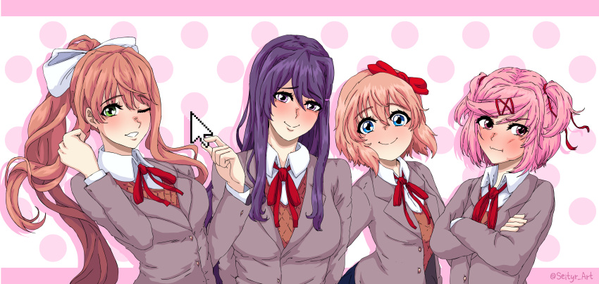 4girls absurdres arms_behind_back arms_up blue_eyes blush bow breasts brown_hair closed_mouth collared_shirt commentary crossed_arms doki_doki_literature_club ears everyone eyebrows_visible_through_hair green_eyes hair_bow hair_intakes hair_ribbon head_tilt highres leaning_back long_hair long_sleeves looking_at_viewer looking_away medium_breasts monika_(doki_doki_literature_club) multiple_girls neck_ribbon one_eye_closed open_mouth picking_up pink_background pink_eyes pink_hairclip polka_dot polka_dot_background ponytail puffed_cheeks purple_hair red_ribbon ribbon school_uniform seityr shirt short_hair sidelocks small_breasts smile twitter_username two_side_up upper_body violet_eyes white_shirt