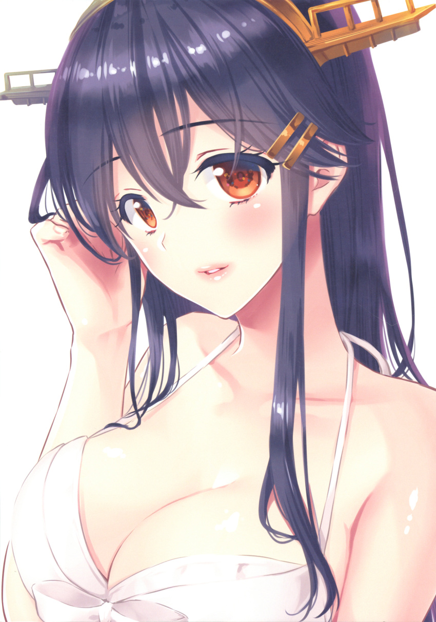 1girl absurdres adjusting_hair bare_shoulders black_hair blush breasts brown_eyes cleavage eyebrows_visible_through_hair hair_between_eyes hair_ornament hairband hairclip hand_in_hair hand_up haruna_(kantai_collection) headgear highres ichimatsu_nana kantai_collection long_hair looking_at_viewer medium_breasts parted_lips remodel_(kantai_collection) simple_background solo white_background white_bikini_top