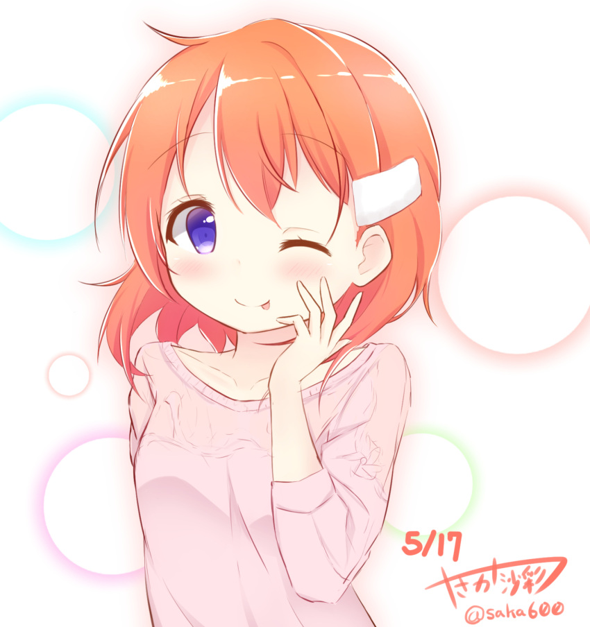 1girl ;p bangs blush breasts casual circle closed_mouth collarbone dated eyebrows_visible_through_hair gochuumon_wa_usagi_desu_ka? hair_ornament highres hoto_cocoa long_sleeves looking_at_viewer one_eye_closed orange_hair pink_shirt shirt short_hair small_breasts smile solo tongue tongue_out twitter upper_body violet_eyes white_background yasaka_(astray_l)