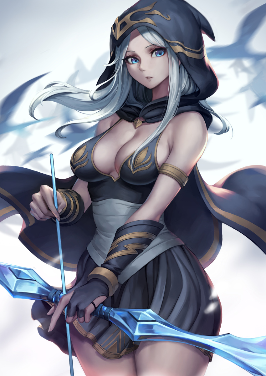 1girl absurdres archery armlet arrow ashe_(league_of_legends) bangs bare_shoulders black_cloak black_dress black_gloves blue_eyes bow_(weapon) bracer breasts cleavage cloak cold corset cowboy_shot dress elbow_gloves eyebrows_visible_through_hair eyelashes fingernails floating_hair gloves hand_up highres holding holding_bow_(weapon) holding_weapon hood hooded_cloak league_of_legends legs_together lips long_fingernails long_hair looking_at_viewer medium_breasts nose oopartz_yang parted_bangs parted_lips partly_fingerless_gloves patreon_reward short_dress silver_hair snowing solo standing thighs weapon wind yugake