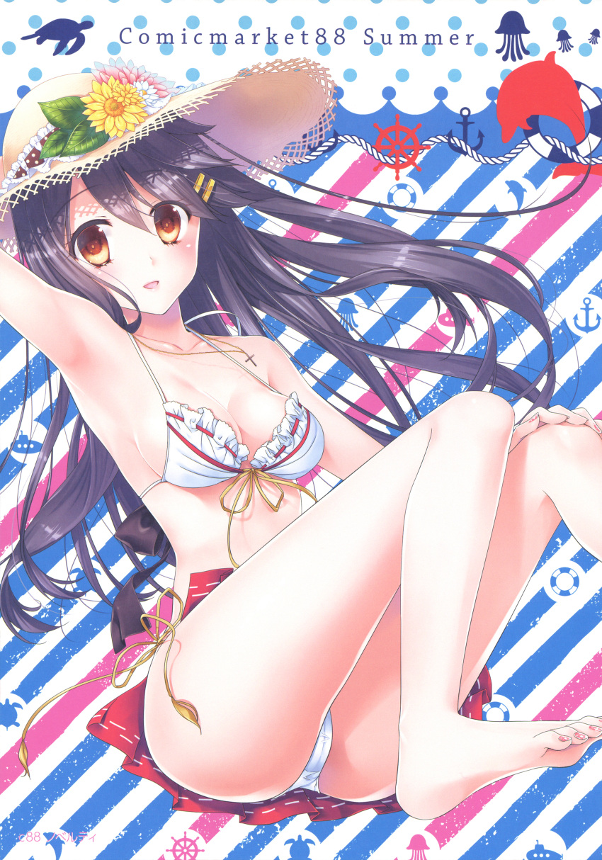 1girl absurdres armpits bare_arms bare_legs bare_shoulders barefoot bikini black_hair blush breasts brown_eyes cross cross_necklace feet flower frilled_bikini frills hair_between_eyes hair_ornament hairclip haruna_(kantai_collection) hat hat_flower highres ichimatsu_nana jewelry kantai_collection knees_together_feet_apart looking_at_viewer medium_breasts multicolored multicolored_background necklace smile solo straw_hat striped striped_background sun_hat swimsuit toenail_polish toes white_bikini