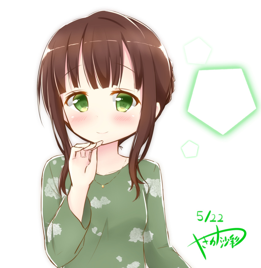 1girl alternate_costume bangs blunt_bangs blush breasts brown_hair casual closed_mouth collarbone dated eyebrows_visible_through_hair floral_print gochuumon_wa_usagi_desu_ka? green_eyes green_shirt hair_bun highres jewelry long_hair long_sleeves looking_at_viewer medium_breasts necklace print_shirt shirt sidelocks signature smile solo ujimatsu_chiya upper_body white_background yasaka_(astray_l)