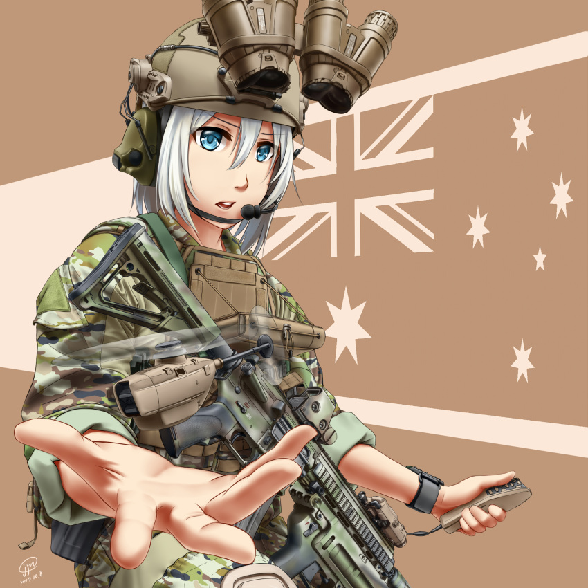 1girl assault_rifle australian_flag camouflage drone eotech grenade_launcher gun headset heckler_&amp;_koch helmet highres hk416 jpc military military_uniform rifle short_hair silver_hair uniform weapon