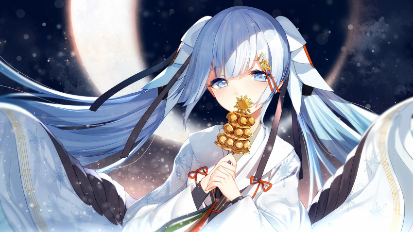 1girl bell bison_cangshu commentary_request grey_eyes hair_ornament hatsune_miku highres holding japanese_clothes jingle_bell kagura_suzu long_hair looking_at_viewer miko silver_hair solo twintails vocaloid