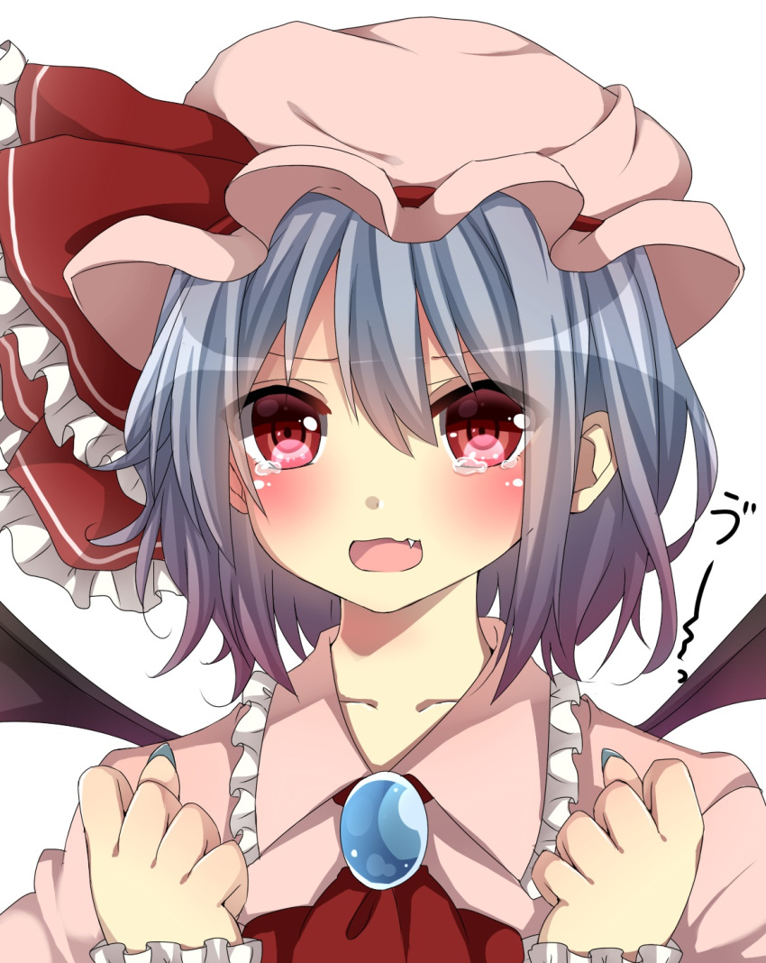 1girl ascot bangs blue_hair blue_nails blush bow clenched_hand close-up d: dress eyes_visible_through_hair fang frilled_bow frills gem hair_between_eyes hat hat_bow highres long_sleeves looking_at_viewer nail_polish open_mouth pink_dress red_bow red_eyes red_neckwear remilia_scarlet short_hair simple_background solo tearing_up tears teeth touhou uu~ white_background wings yamasuta