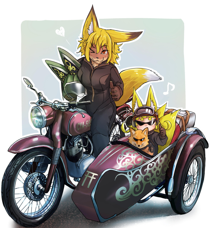 &gt;_o 2girls :3 absurdres animal animal_ears bangs black_jacket black_pants blonde_hair blue_background blunt_bangs brown_fur brown_gloves clothed_animal commentary_request doitsuken eyebrows_visible_through_hair fox fox_ears fox_girl fox_tail fur furry gloves ground_vehicle hair_between_eyes headwear_removed heart helmet helmet_removed highres holding holding_helmet jacket looking_at_viewer motor_vehicle motorcycle motorcycle_helmet multiple_girls multiple_tails musical_note one_eye_closed original pants short_eyebrows short_hair sidecar sitting smile spoken_heart sunglasses tail thick_eyebrows thumbs_up two_tails