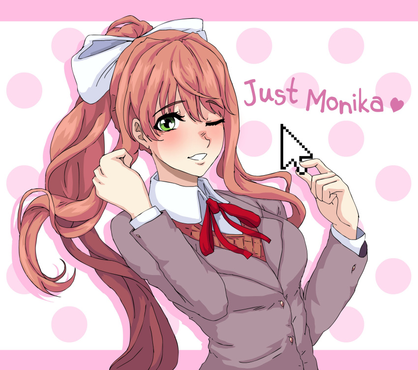 1girl arms_up bow breasts brown_hair collared_shirt doki_doki_literature_club ears eyebrows_visible_through_hair green_eyes hair_bow highres leaning_back medium_breasts monika_(doki_doki_literature_club) one_eye_closed open_mouth picking_up pink_background polka_dot polka_dot_background ponytail school_uniform seityr shirt smile solo text upper_body white_shirt