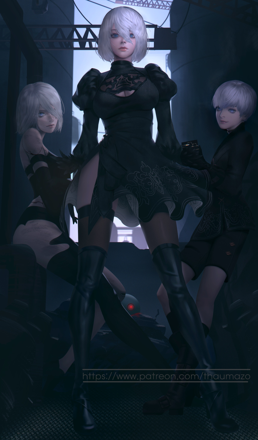 1boy 2girls absurdres black_clothes black_dress black_legwear blue_eyes breasts cleavage cleavage_cutout dirty dress elbow_gloves feather-trimmed_sleeves gloves hair_over_one_eye highres looking_at_viewer mole mole_under_mouth multiple_girls nier_(series) nier_automata puffy_sleeves shorts side_slit silver_hair sitting smile standing thaumazo thigh-highs yorha_no._2_type_b yorha_no._9_type_s yorha_type_a_no._2