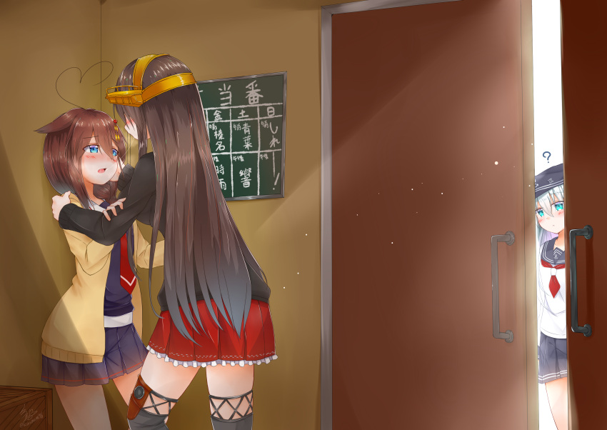 3girls ? absurdres ahoge artist_signature black_hair black_serafuku black_skirt black_sweater blue_eyes blush boots braid brown_hair brown_sweater chalkboard flat_cap hair_flaps hair_over_shoulder hairband hand_on_another's_cheek hand_on_another's_face haruna_(kantai_collection) hat heart_ahoge hibiki_(kantai_collection) highres kantai_collection long_hair long_sleeves looking_at_another multiple_girls namikawa_kuroha necktie open_mouth pleated_skirt red_neckwear red_skirt remodel_(kantai_collection) school_uniform serafuku shigure_(kantai_collection) silver_hair single_braid skirt sweater thigh-highs thigh_boots translated twitter_username very_long_hair yuri
