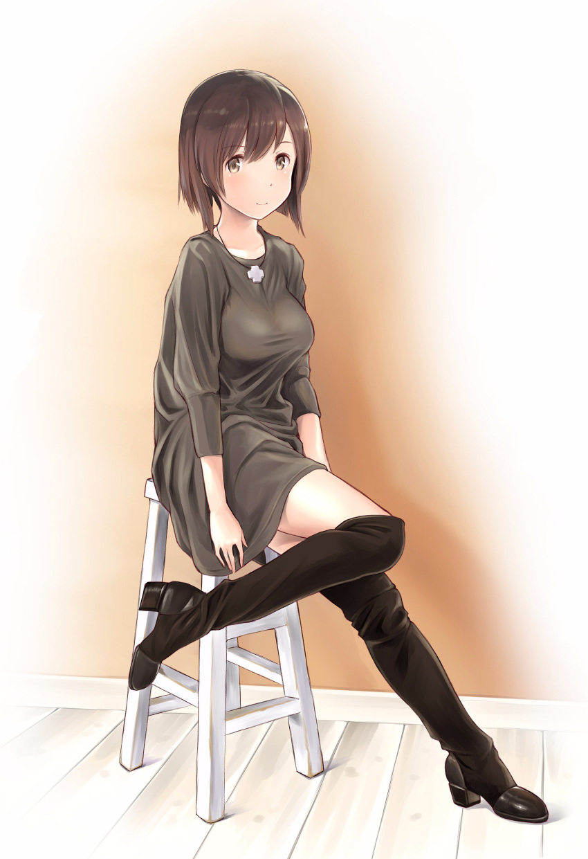 1girl absurdres black_legwear boots breasts brown_eyes brown_hair closed_mouth contemporary dress full_body highres hiryuu_(kantai_collection) jewelry kantai_collection large_breasts leg_up long_sleeves looking_at_viewer necklace short_hair sitting smile solo stool thigh-highs thigh_boots wa_(genryusui)