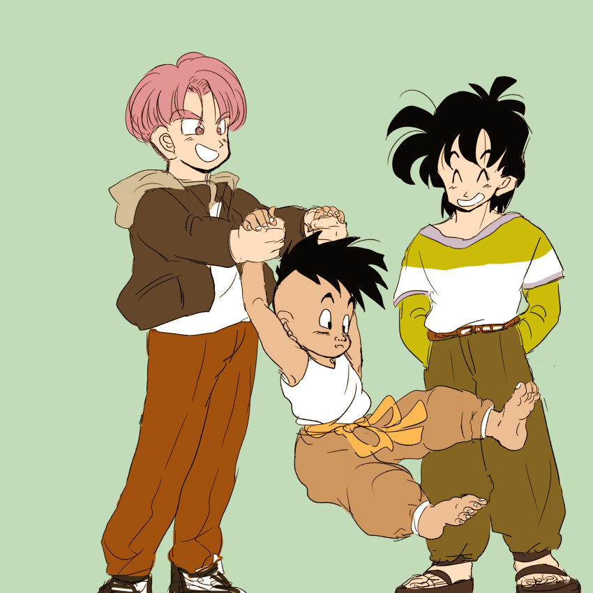 3boys barefoot belt black_hair carrying closed_eyes dragon_ball dragonball_z expressionless eyebrows_visible_through_hair green_background hand_in_pocket happy highres jacket long_sleeves looking_at_another looking_away male_focus mohawk multiple_boys open_mouth pants purple_hair sandals shirt short_hair simple_background smile son_goten together trunks_(dragon_ball) uub violet_eyes white_shirt