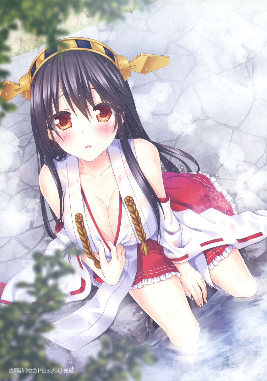 1girl absurdres bare_shoulders black_hair blush breasts brown_eyes cleavage detached_sleeves hairband haruna_(kantai_collection) highres ichimatsu_nana japanese_clothes kantai_collection large_breasts long_hair miniskirt nontraditional_miko open_mouth shirt_tug skirt smile solo water wet wet_clothes