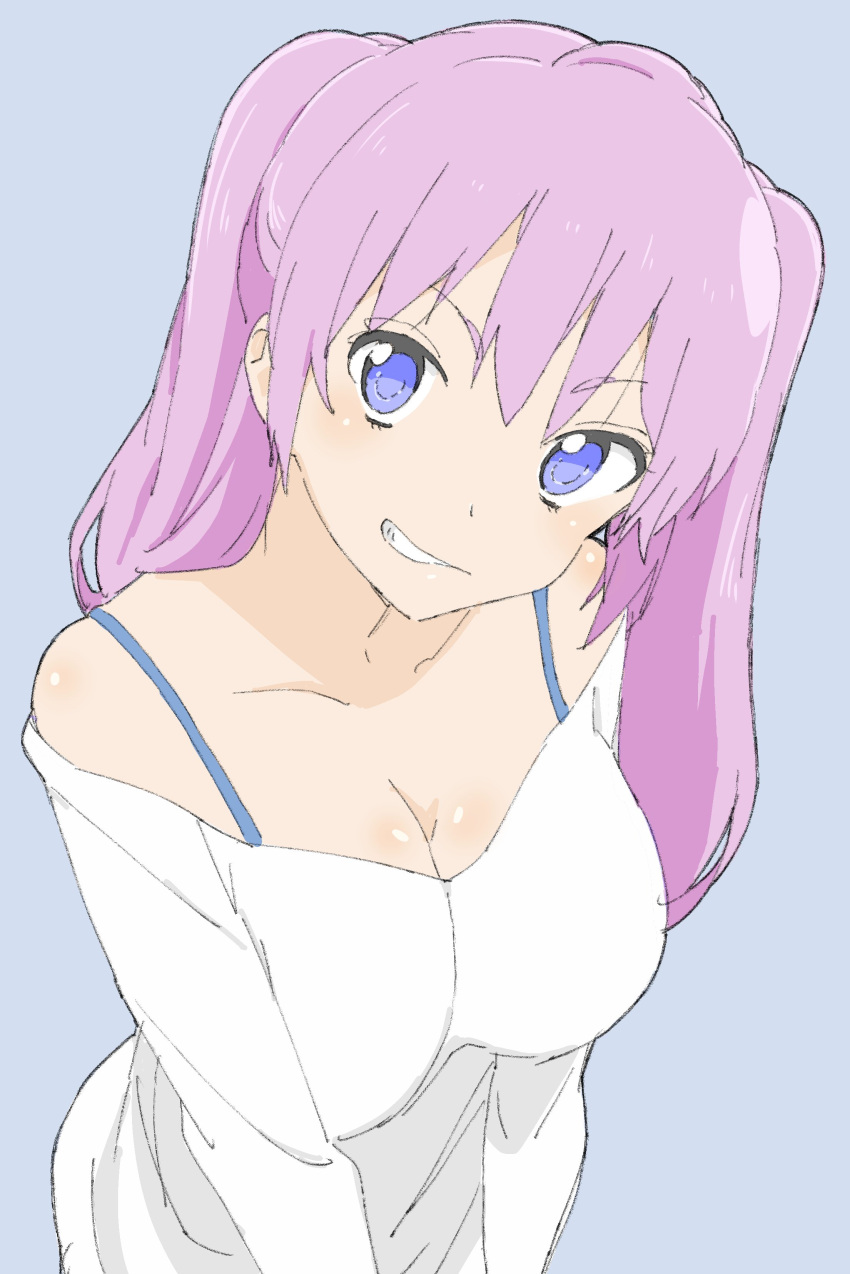 &gt;:) 1girl absurdres bangs blue_background blue_eyes bra_strap breasts cleavage close-up copyright_request donguri_suzume eyebrows_visible_through_hair grin head_tilt highres large_breasts long_hair long_sleeves looking_at_viewer pink_hair simple_background smile solo sweater upper_body white_sweater